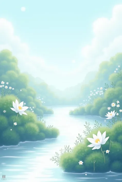 A 9:16 sized white tone picture, Chinese art style, airy, gentle, with lots of white flowers, white water, blue sky, 