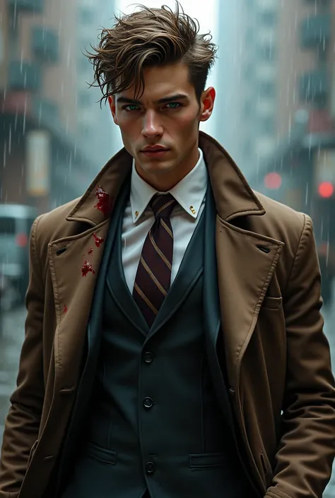 21yo • Male • 5,9 athletic build • Masculine features with light brown messy wolf cut • Esmees brother • Very formal dressing a long coat over a tight sexy brown suit • Blue eyes And light skin • Extremely lustful hes drenched in rain with his clothes ripp...