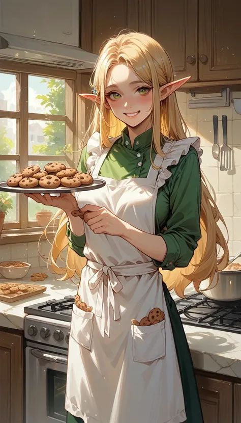 score_9, score_8_up, score_7_up, 1woman, chef, kitchen, apron, blonde hair, long hair, elf ears, smile, blushing, holding a tray of cookies