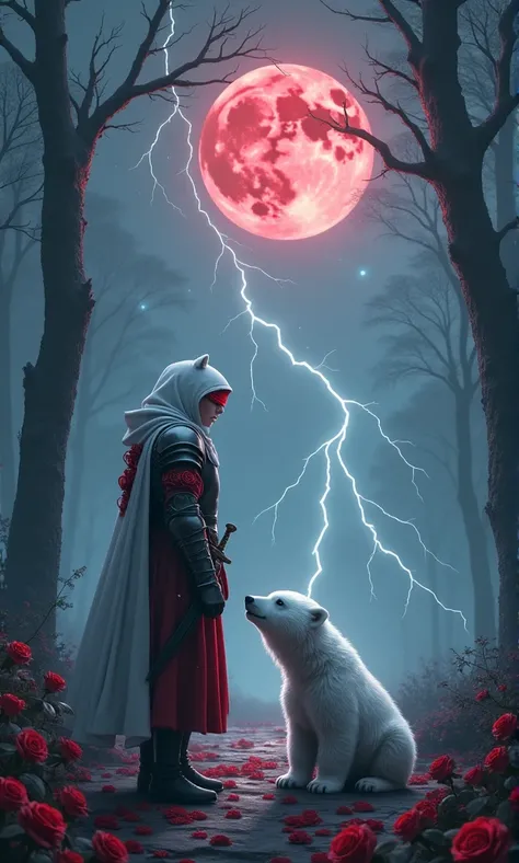 Male knight with a white hood with polar bear ears and a sword behind his back is playing with a baby polar bear in a forest while the moon shines, many Roses cover the ground and lightning falls from the sky. Only the man wears a red blindfold. In the bac...