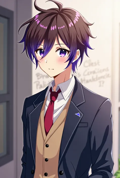 Bishonen boy with brown hair and purple tips, small jellyfish cut, Violet eyes and a red tie student suit, beige shirt and dark blue open jacket