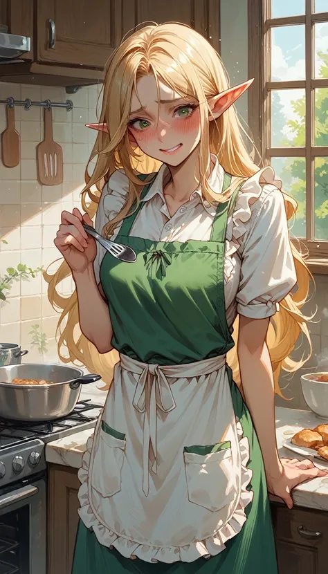 score_9, score_8_up, score_7_up, 1woman, blonde hair, long hair, elf ears, smile, blushing, wearing only a apron, kitchen, embarassed, pouting