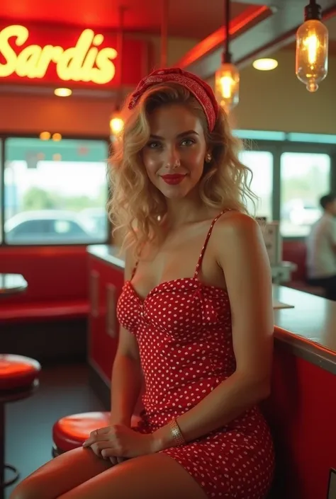 A medium shot of a young woman with curly blonde hair, freckled complexion, and matte skin, styled in loose curls and a red bandana, wearing a fitted red and white polka dot dress, showcasing her bare shoulders and medium breasts, sitting on a bar stool, w...