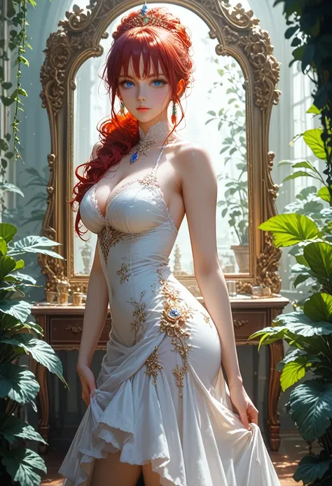 Anime girl, Bright Beautiful, sexy, curvy, Beautiful face, voluminous hair, beautiful blue eyes, ((Dressed in a Black Red White Dress Suit)), stands near a large mirror with golden patterns and purple stones and is entwined with vines, looks at the viewer,...