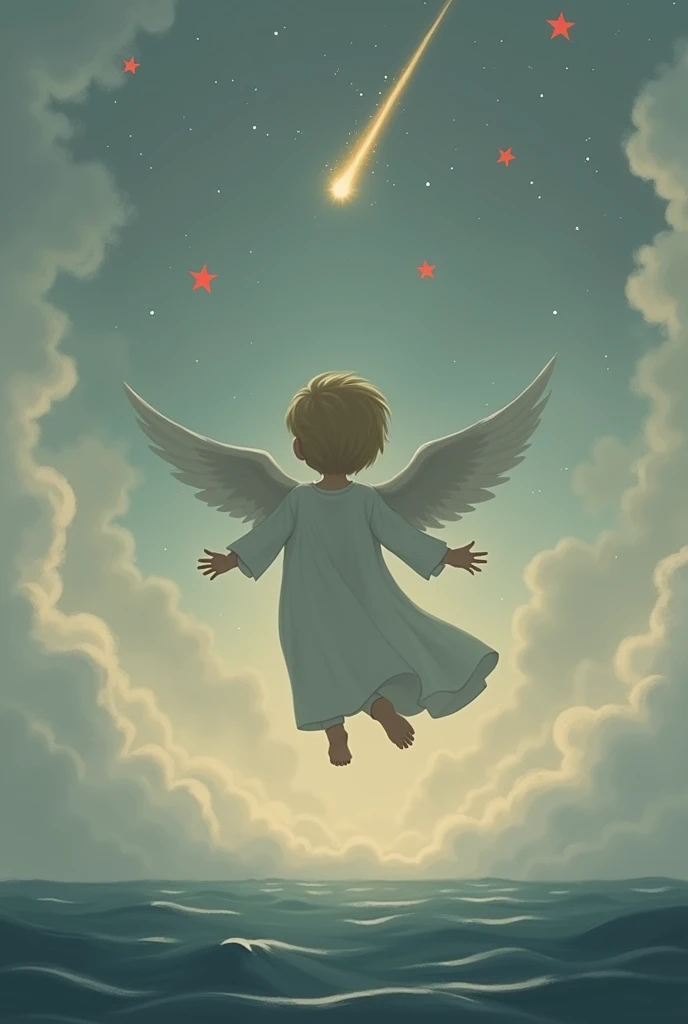 An angel flying in the grey sky with red stars with a golden comet that lights up the sea , Ghibli style, where the angel is opaque and the stars are further away, the angel with his back turned and looking like a child, with his hands outstretched and win...