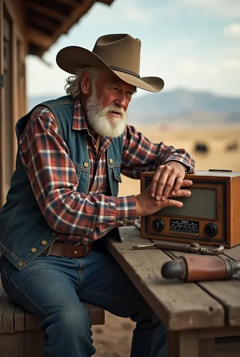 Old cattle rancher talking on the radio