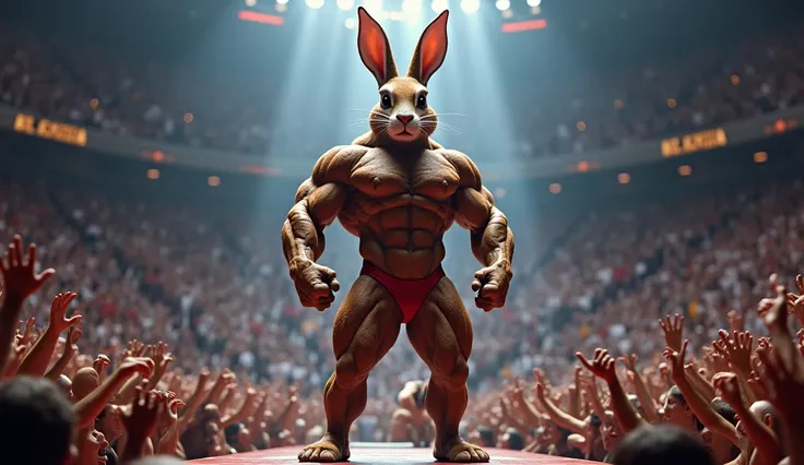 Rocky Rabbit with a six-pack body and a very tall figure at the Mr. Olympia tournament and in a large stadium full of spectators on the platform and the standing spectators cheer her.