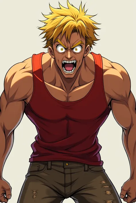 A man of about 2 with a not very muscular body, blond hair, golden eyes, a red tank top, brown denim shorts, he is going crazy, realistic anime style.