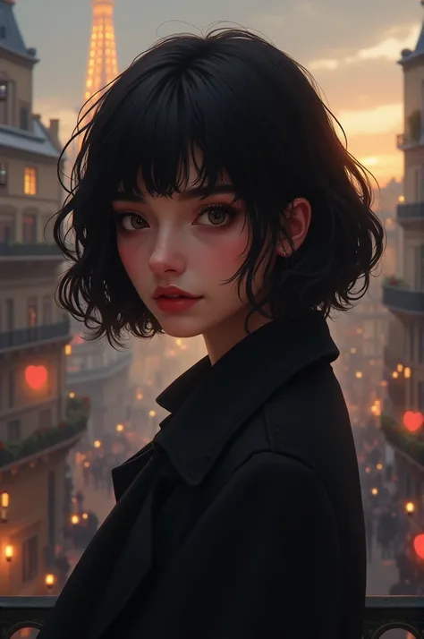 Character with dark hair with light dark skin tone in a romantic setting in Paris with short hair and an oval face shape with a flat nose 