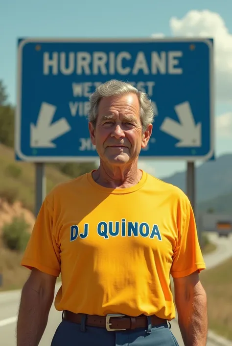 George W. Bush wearing a shirt that says DJ Quinoa in front of a sign that says Hurricane, West Virginia