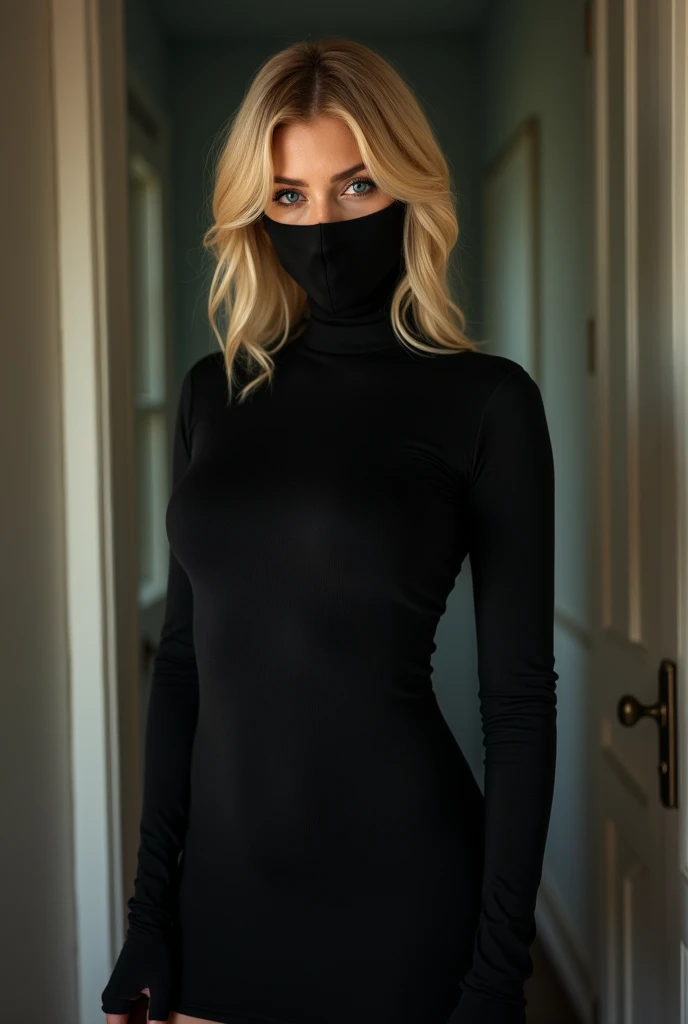 female robber, tight black long sleeve dress, blonde hair, rob a house, slim, realistic, black full body outfit, wearing a mask, Russian girl.high resolution, masterpiece, High Details close up, blue eyes, 