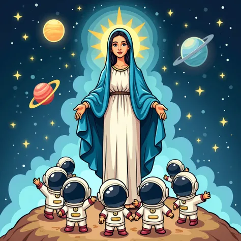 manage in cartoon style, an image of our lady of aparecida surrounded by small faceless astronauts in space