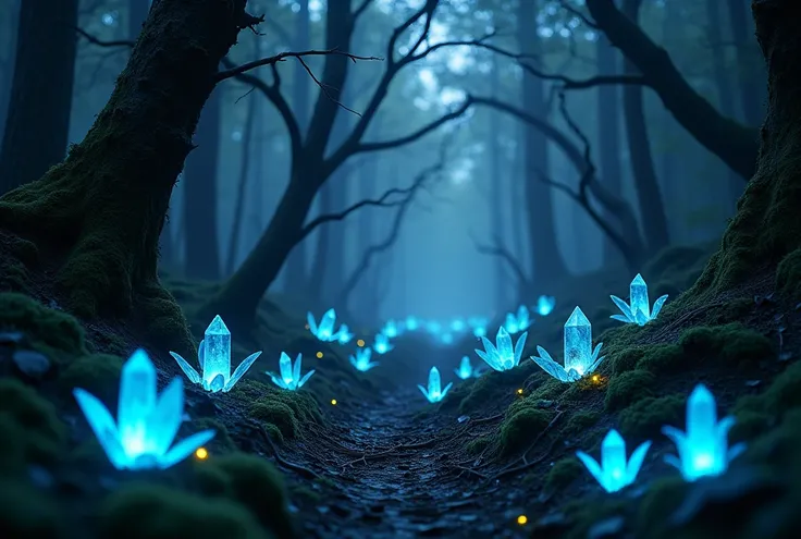 A dark enchanted forest at night, glowing blue crystals, a lot of floating yellow lights in the backgrpund, fine art, digital painting, dramatic lighting, fantasy, mysterious, ethereal, serene, glowing, bioluminescent, moody, cinematic, (best quality,4k,8k...