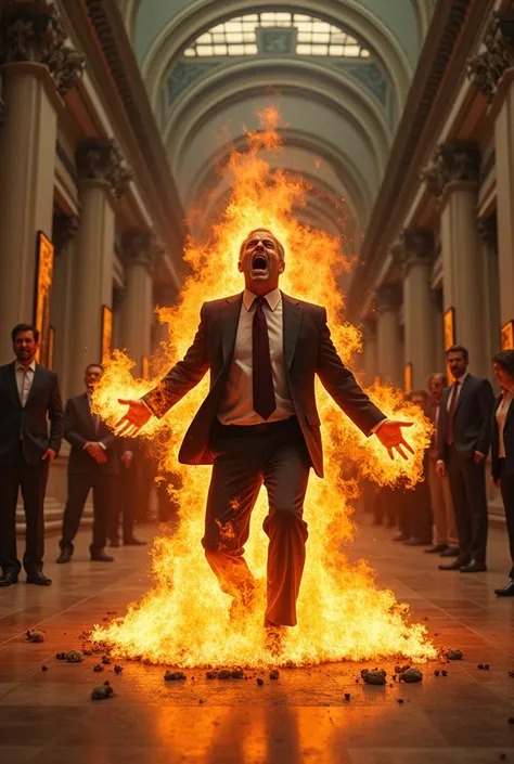 A screaming man in a suit  on fire in a museum 