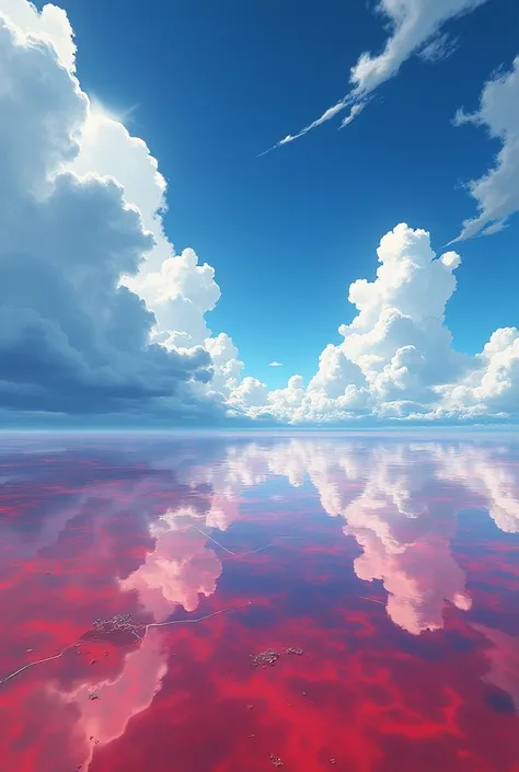 Red sea of glass blue clouds and gray sky anime style 