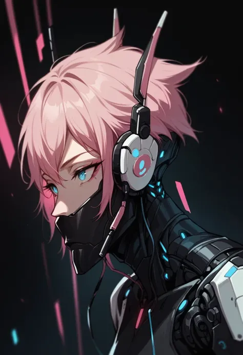 pink hair, short hairstyle, futuristic black and white suit, angular design, metallic elements, robot-like accessories, high-tech headset, relaxed pose, standing, facing slightly to the side, smooth skin, indoor, dark background with neon pink and blue lig...