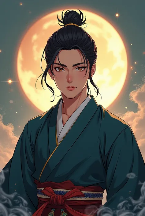 Fresh, Handsome samurai in anime style hakama. Only from the chest up, please.
Make the background very gorgeous and spiritual.
Furthermore, please make the appearance reminiscent of a fortune teller.