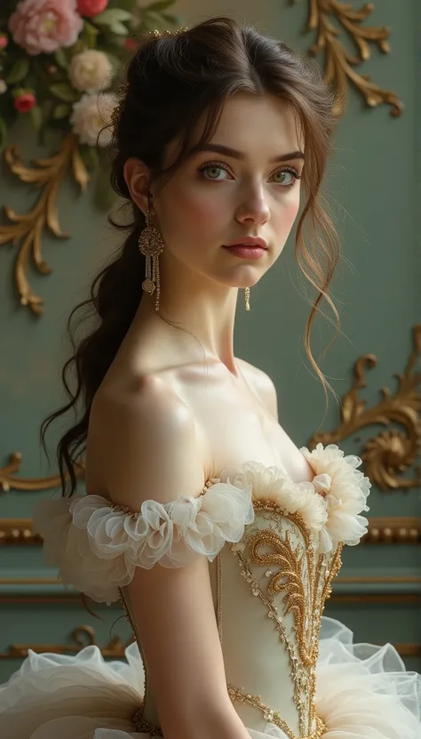 (highres,masterpiece:1.2),(realistic:1.37)"(best quality, highres, ultra-detailed, realistic),beautiful 19th-century portrait of a 1 French ballet dancer, (She is half French and is a stunning beauty with dark green eyes and a high nose:1.1), elaborate bal...