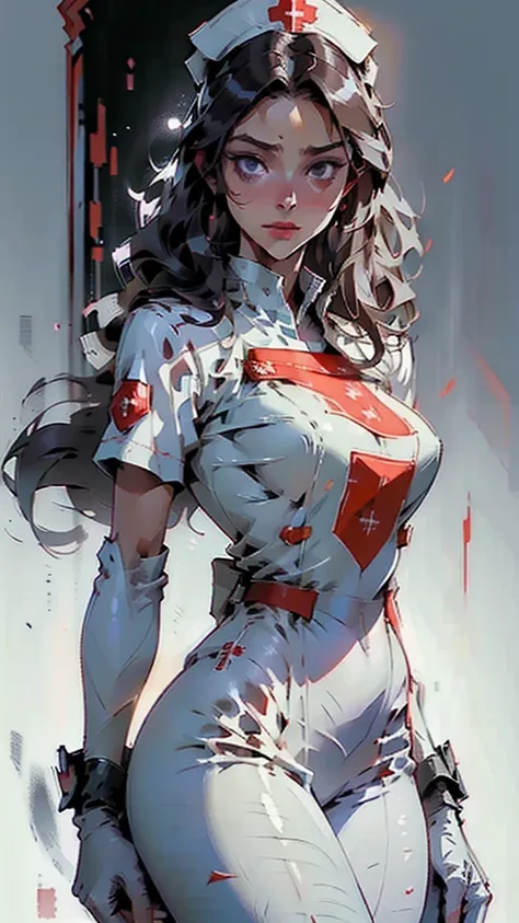 ((Best quality)), ((masterpiece)), (highly detailed:1.3), A woman with long, flowing, slightly wavy hair is wearing a nurses cap and a white nurse uniform with red trim. The uniform looks crisp and clean with some subtle wrinkles. She is in a neutral pose,...