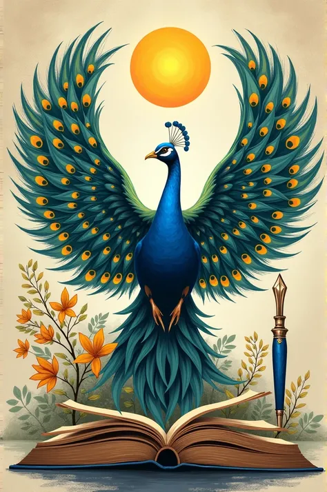 A book cover of a peacock with wings spread out and a fountain pen next to it,  sun above the peacock,and the writer&#39;s name written in beautiful handwriting Daniele.