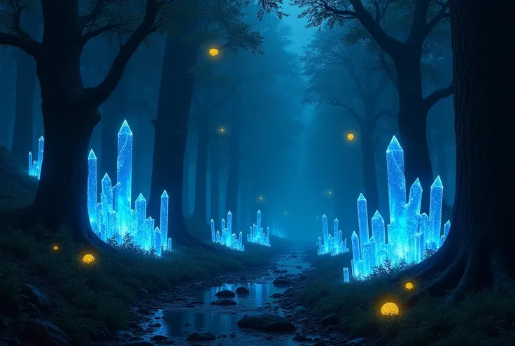 A dark enchanted forest at night, blue crystal formations,glowing yellow lights floating in the air,fine art, digital painting, dramatic lighting, fantasy, mysterious, ethereal, serene, glowing, bioluminescent, moody, cinematic, (best quality,4k,8k,highres...