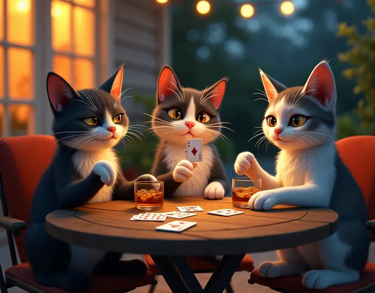 Three distinct cats, each with their own unique personality and expression, sit around a patio table under the evening sky. Theyre casually playing poker, each holding cards in their paws, while sipping whiskey from small glasses. The atmosphere is light a...