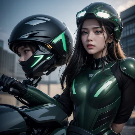 Maximum image quality, outstanding details, ultra high resolution, (Realism: 1.4), the best illustration, favor details, 1 very condensed girl, with a delicate and beautiful face, dressed in a black and green wick, wearing a mecha helmet, holding a directi...