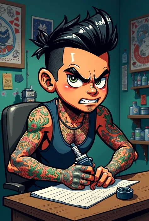 A cartoon of a tough kid with lots of tattoos and a tattoo machine in his hands tattooing someone else 