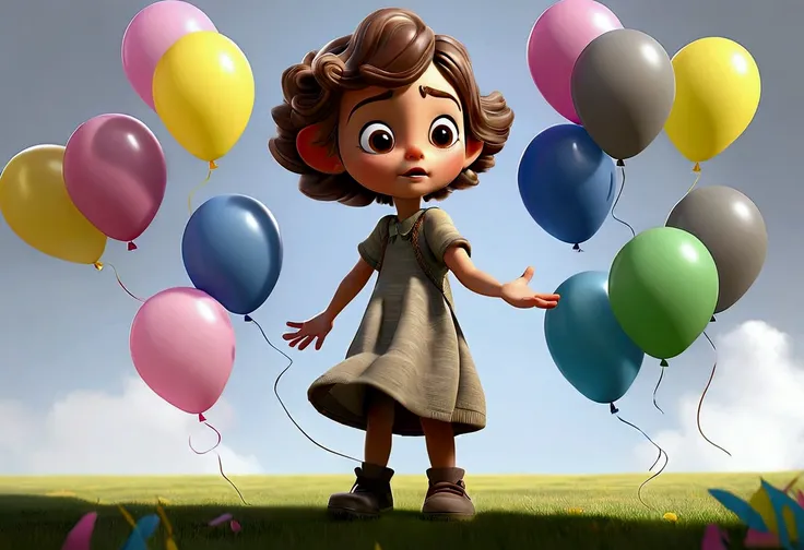 Animation: The child lifts their hand to show the five balloons, which are colored green, yellow, gray, pink, and blue. The balloons float gently in the air.Effects: Each balloon moves softly as if blown by the wind, with a gentle up-and-down motion.