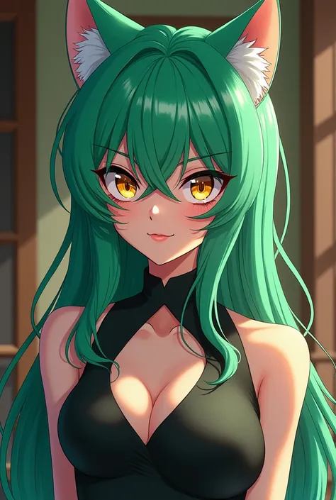 A Anime girl with green long hair and same art style of detective conan anf have the features of cat girl and has sharp nose and a  cunning smile
