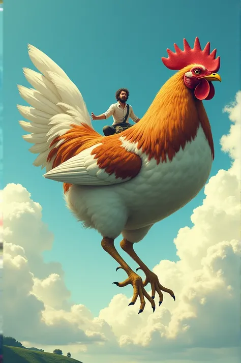 A man flying on top of a giant chicken 