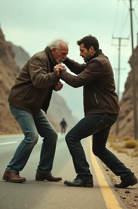 A young men beating to a old man on the road side

