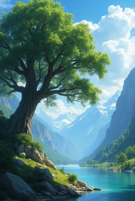 Beautiful tree on the river bank, with mountains in the background Rectangular image size 2x1 horizontal 