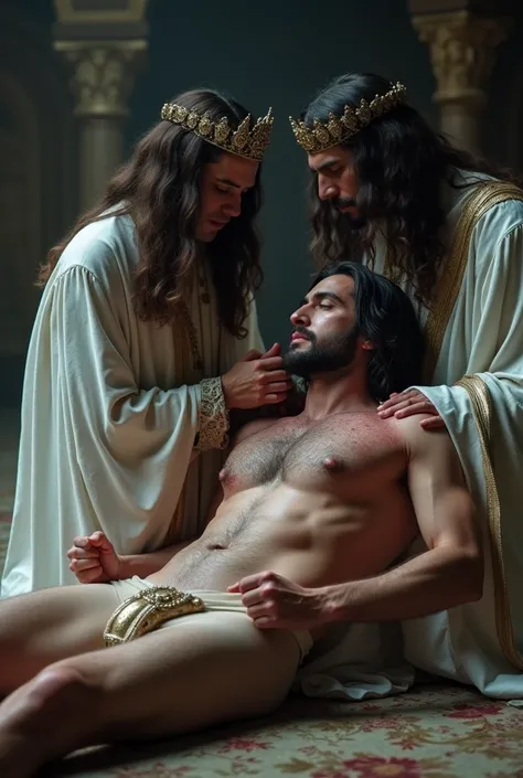 A repentant male dark wizard with long hair is lying naked on the ground. His legs are up, his ass is red and abused, his fists clenched from pain as he takes painful anal penetration as a punishment. His king in white robes and tiara is sitting close, his...