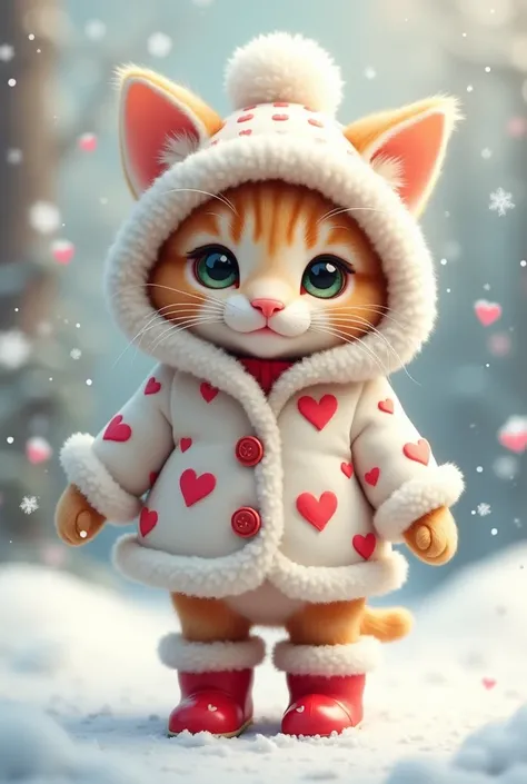 A tiny mucro cats ine us wearing a coat in white with red hearts   wearing boots and hats