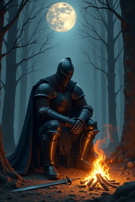 Knight in black armor, sitting in front of a fire at night, with the broken sword 