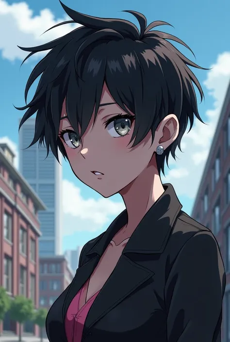 An androgynous girl, Anime style of Boku no Hero Academia. With a rather beautiful face and pale skin, grey and almond-shaped eyes, long eyelashes, Nose is turned up, lips with a marked cupid&#39;s bow, black hair and a masculine haircut,  She wears a dark...