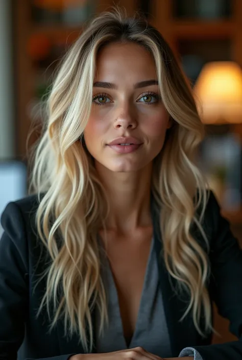 a beautiful girl with long blonde hair, detailed eyes, nose, and lips, wearing professional clothes, sitting in her office, using her computer, HP computer (best quality,4K,8K,high resolution,artwork:1.2),Ultra-detailed,(realistic,photorealistic,photoreali...