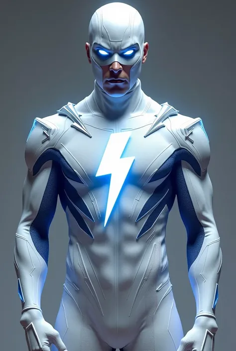 The superhero White Lightning wears an all-white superhero outfit, dark blue stripes in lightning shapes, crossing the chest and arms, silver details on the shoulders and waist, a white lightning symbol on the chest, a white mask with dark blue and silver ...