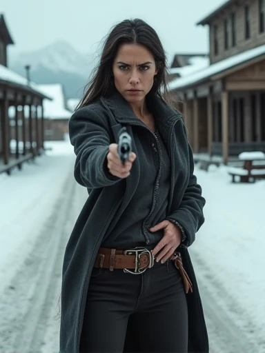 A fierce-looking woman on a snow-covered Far West village street, ready to draw her revolver. Cinematic lighting. Masterpiece. UHD