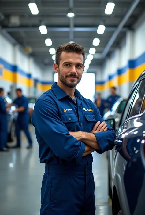 A dynamic image showing the strength and reliability of a company called Norauto. The scene takes place in a modern, bustling car service center with Norauto branding on signage and employees uniforms. In the foreground, a confident and skilled mechanic is...