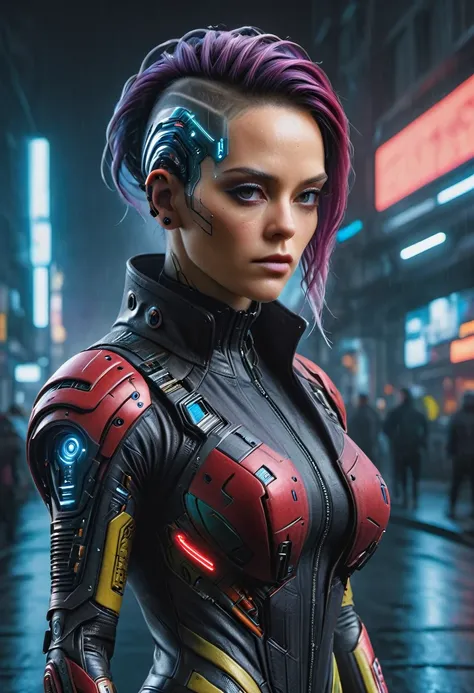 photo realistic, hyper detailed, hdr definition, uhd photo realistic, 12k, a woman, very long curly rainbow hair, wears shiny red robotic armor, (big breast:1.1), hip and navel visible, intricate details, bionic arm, technology complex, (makeup: 1.2), lase...