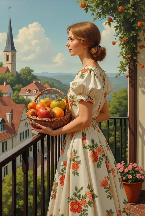 Hand-embroidered, crocheted and canvas, this captivating Norman Rockwell-style painting depicts a graceful woman wearing a vintage floral dress. She stands on a balcony, holding a basket full of fruit. The background reveals a picturesque small town with c...