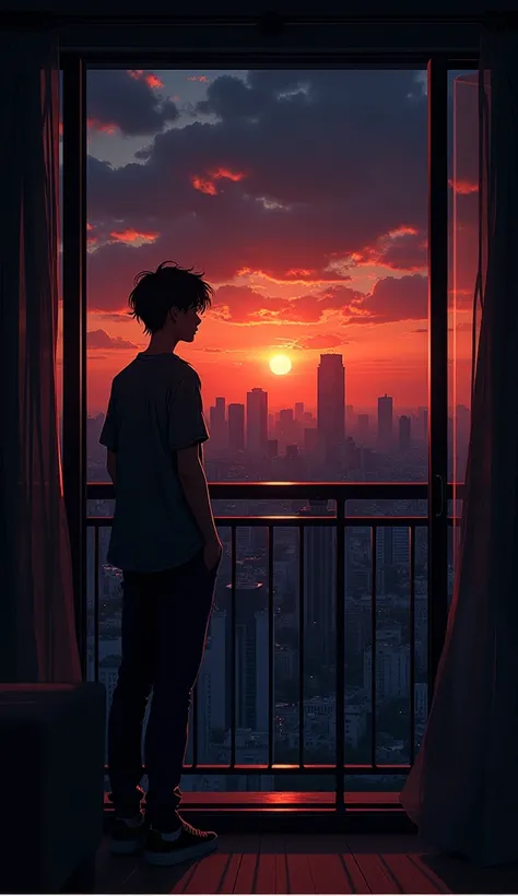 silhouette, casual outfit, short messy hair, no visible accessories, relaxed posture, standing, looking into the distance, back view, even skin tone, indoor scene opening to a balcony, urban skyline with buildings, warm light from sunset, rich orange and r...