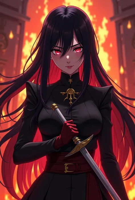 demon slayer female character with long black hair with reddish highlights at the bottom, wispy bangs, dark pink eyes,  wearing demon hunter uniform , holding a sword, make her pretty , fire scenery  , ufotable studio season 1 