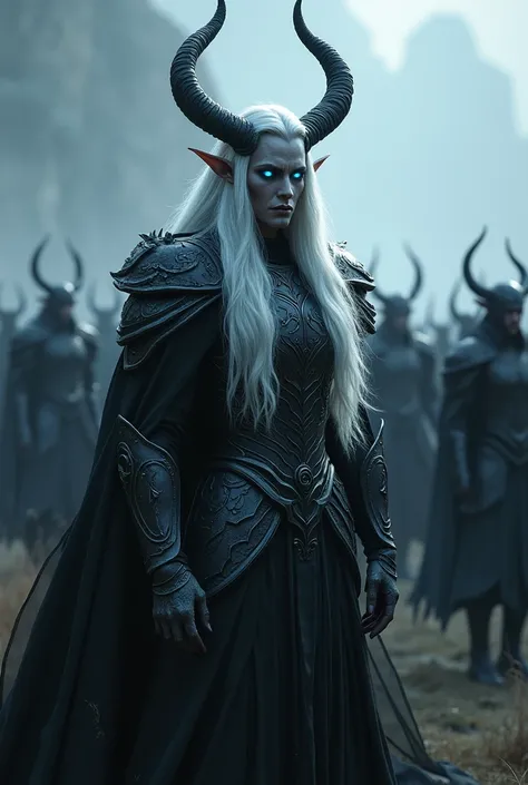 Elf with white hair, glowing blue demonic eyes, demonic horns, black armour, I command an army of elves