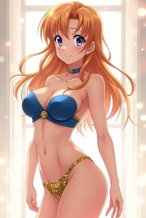 best quality, masterpiece, 1 girl, alone,Kinomoto Sakura ,anime style CLAMP, gold thong ,strapless bra blue, athletic body