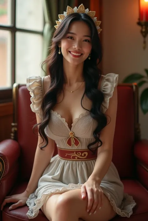 A Chinese woman with a maids uniform (0.8 probability) and long, flowing hair sits confidently with a laugh-filled smile. Fully clothed in a curve-hugging dress, she exudes a sense of sweetness as a Sugar Babe. Captured in ultra-high definition (UHD), the ...