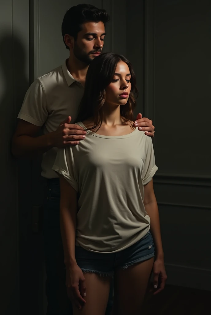 a woman in semi-darkness, in an shirt, a man standing behind her, touching her bare shoulders