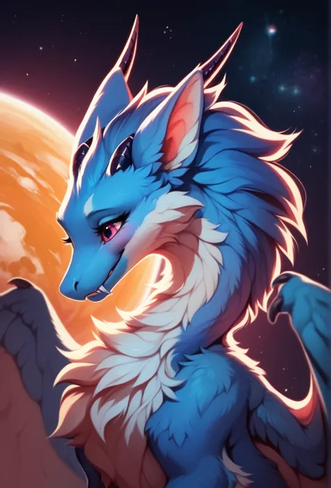 furry art, feral, furred dragon, female, portrait, white and blue fur, thicc, wings, horns, tail, chest fluff, paws, fangs,  ton...